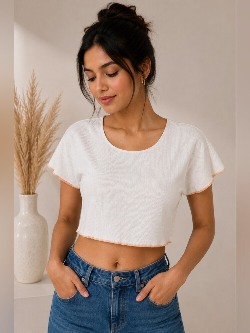 Women's White Textured Crop Top with Orange Contrast Trim Soft Casual Tee